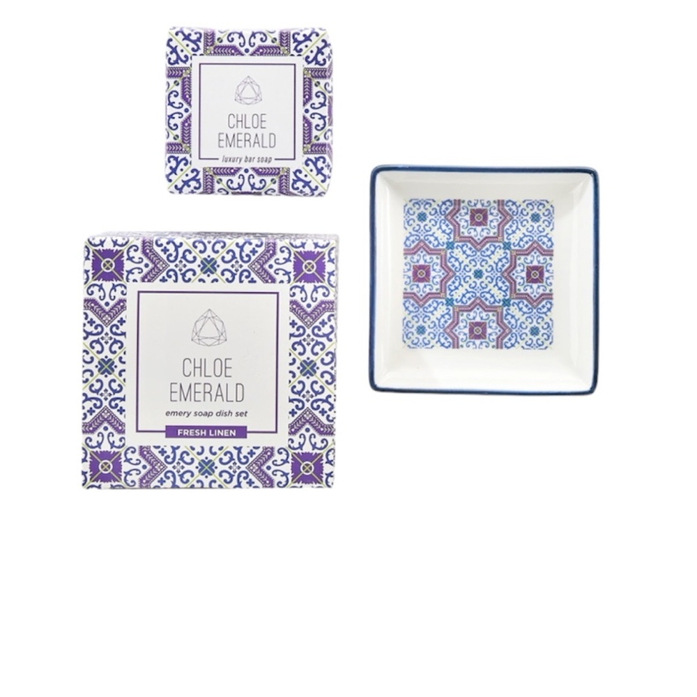 NIB Chloe Emerald emery soap dish set fresh linen